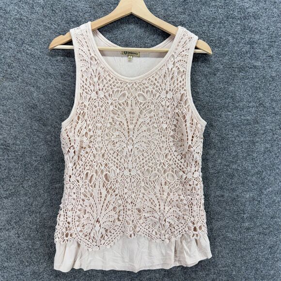 Democracy Tank Women L Large Beige Geometric Crochet Sleeveless Wide Strap Rayon - Picture 1 of 7